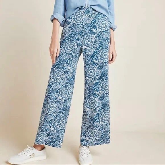 NWT Anthropologie MaEve Anika Blue Paisley Motif Wide Leg Slit Pull On Pants L - Picture 1 of 9